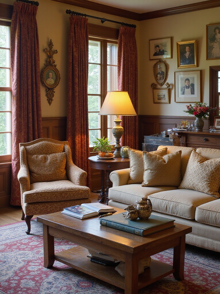 Elegant traditional living room featuring cherished heirlooms and family photos.
