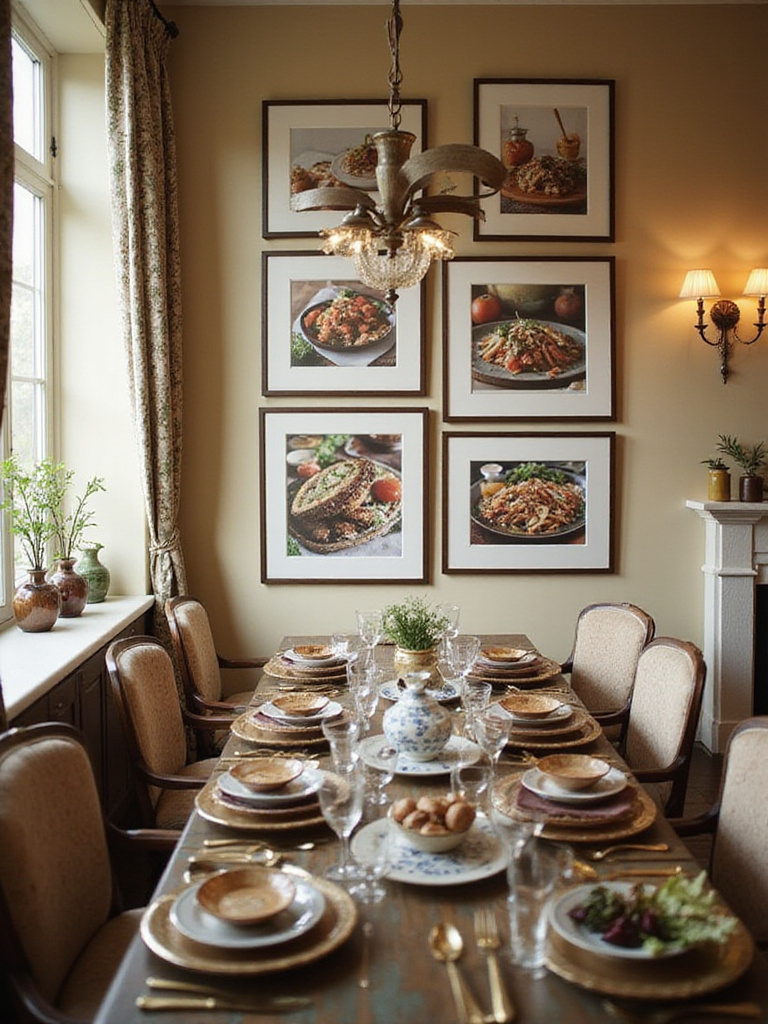A dining room featuring themed art print collections that inspire culinary journeys.