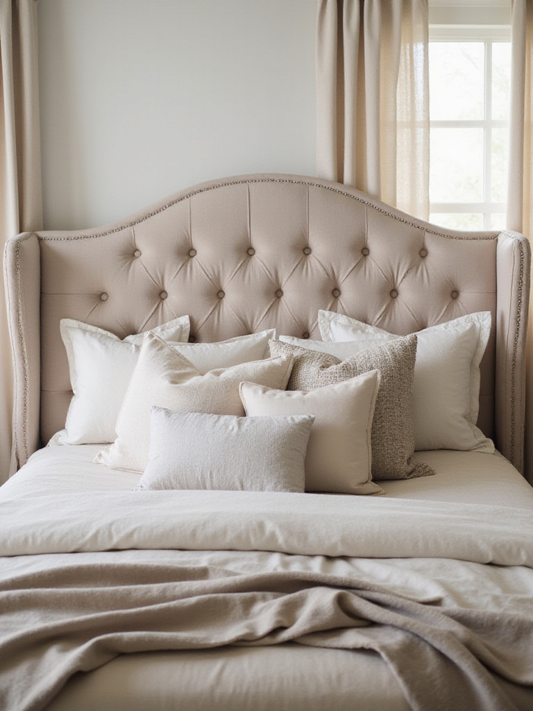 Cozy bedroom with a comfortable upholstered headboard and soft bedding.