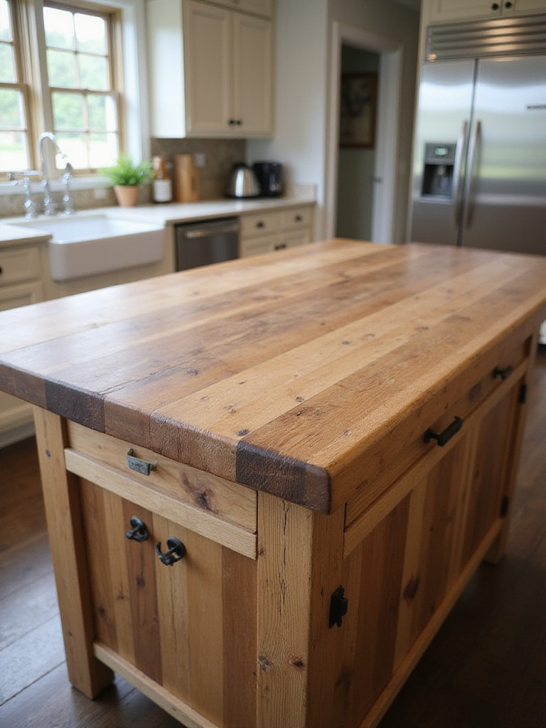 Close-up of a rustic kitchen island with a durable butcher block top, showcasing the wood grain and texture.