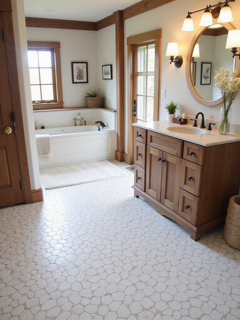 Classic hex tile flooring in a farmhouse bathroom, showcasing timeless design.
