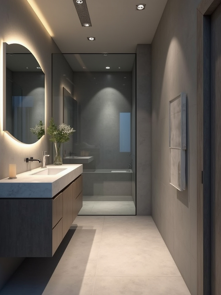 Modern gray bathroom with dimmable LED lights creating a versatile ambiance