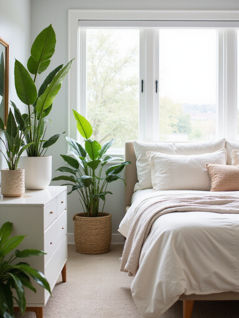 Cozy bedroom with low-maintenance indoor plants enhancing the decor