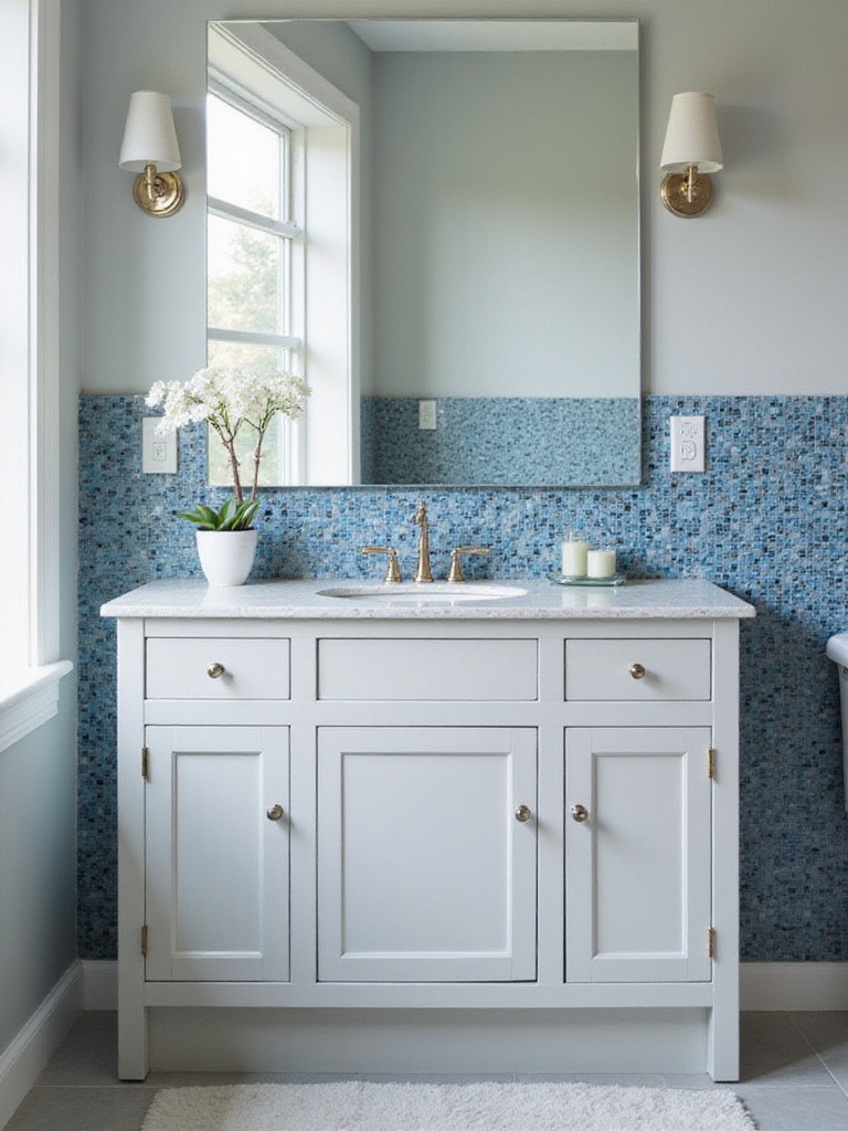 Stylish bathroom vanity with mosaic tile backsplash in blue and gray