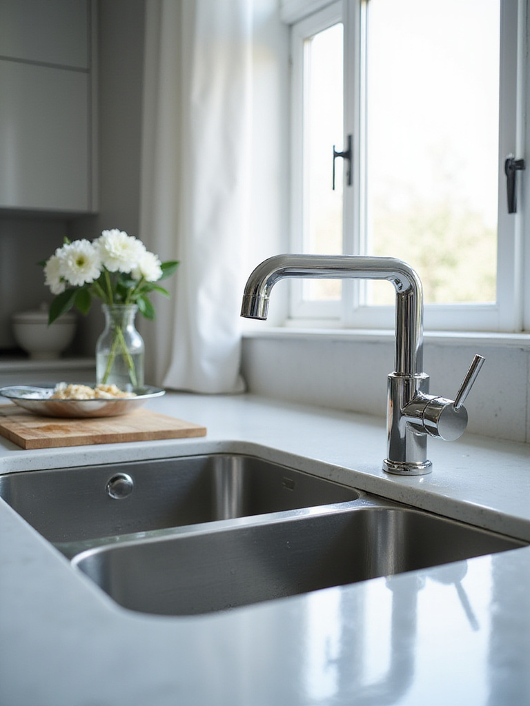 Modern kitchen sink with a stylish low-flow faucet