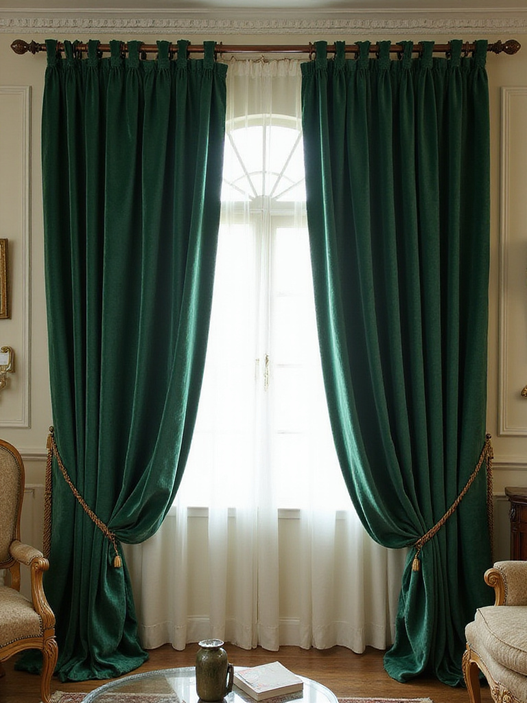 Elegant traditional living room with luxurious floor-length drapes in emerald green