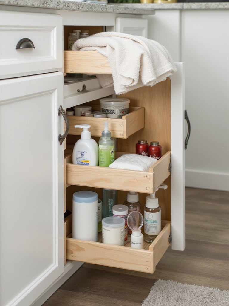 Bathroom vanity with pull-out shelves displaying organized toiletries and cleaning supplies.