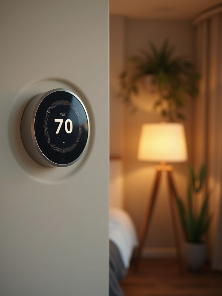 Smart thermostat in a modern eco-friendly bedroom