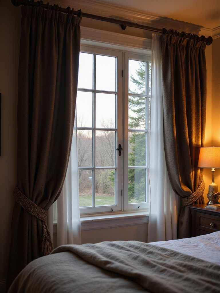Cozy bedroom with thermal blackout curtains blocking sunlight