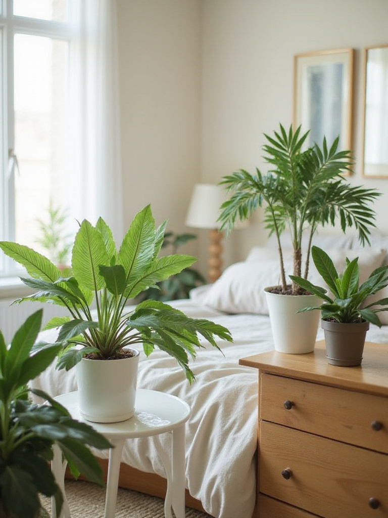 A tranquil bedroom scene featuring air-purifying houseplants on a bedside table and dresser, with soft natural lighting.