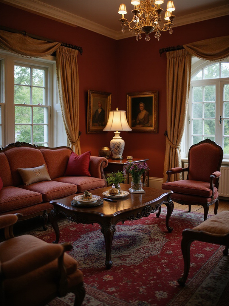 Elegant traditional living room featuring antique furniture pieces
