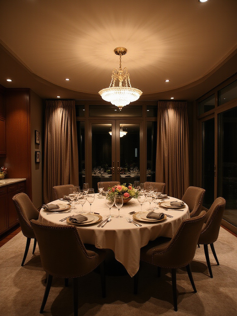 Elegant dining room showcasing smart dimmers with warm lighting ambiance.