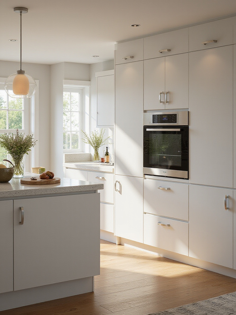 Contemporary kitchen with integrated smart panel-ready appliances and custom cabinetry.