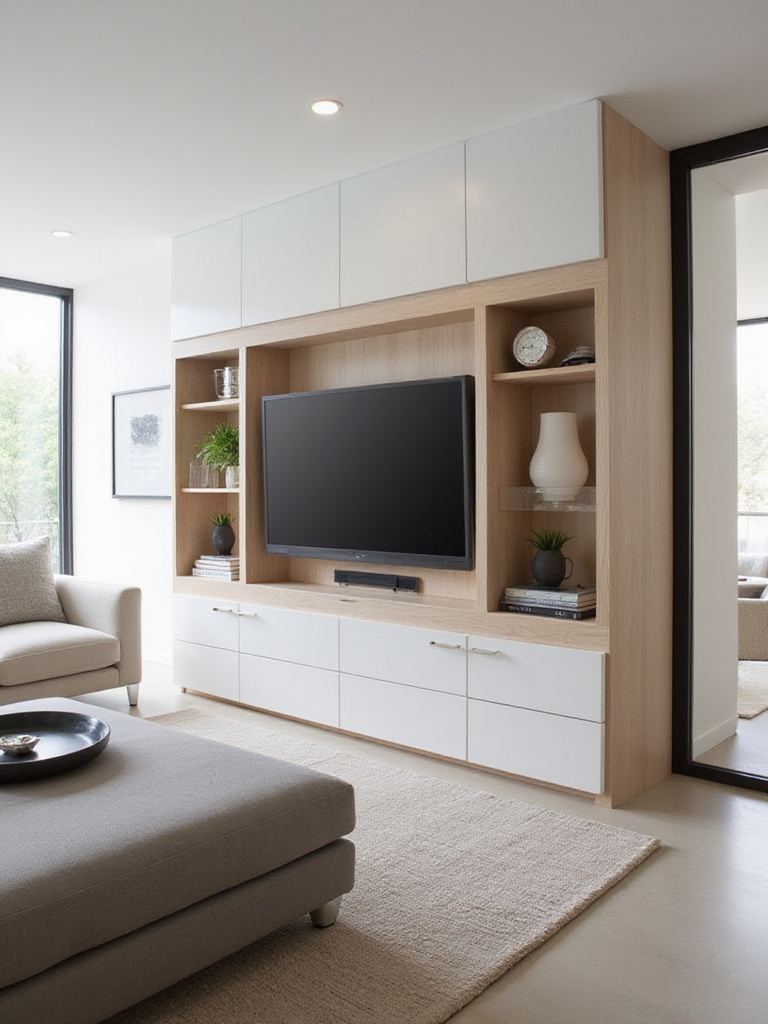 Contemporary living room with hidden storage solutions and minimalistic design