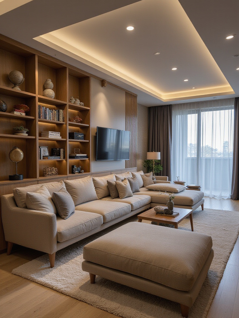 A contemporary living room with a flexible layout featuring a modular sofa, pull-down desk, and defined activity zones.