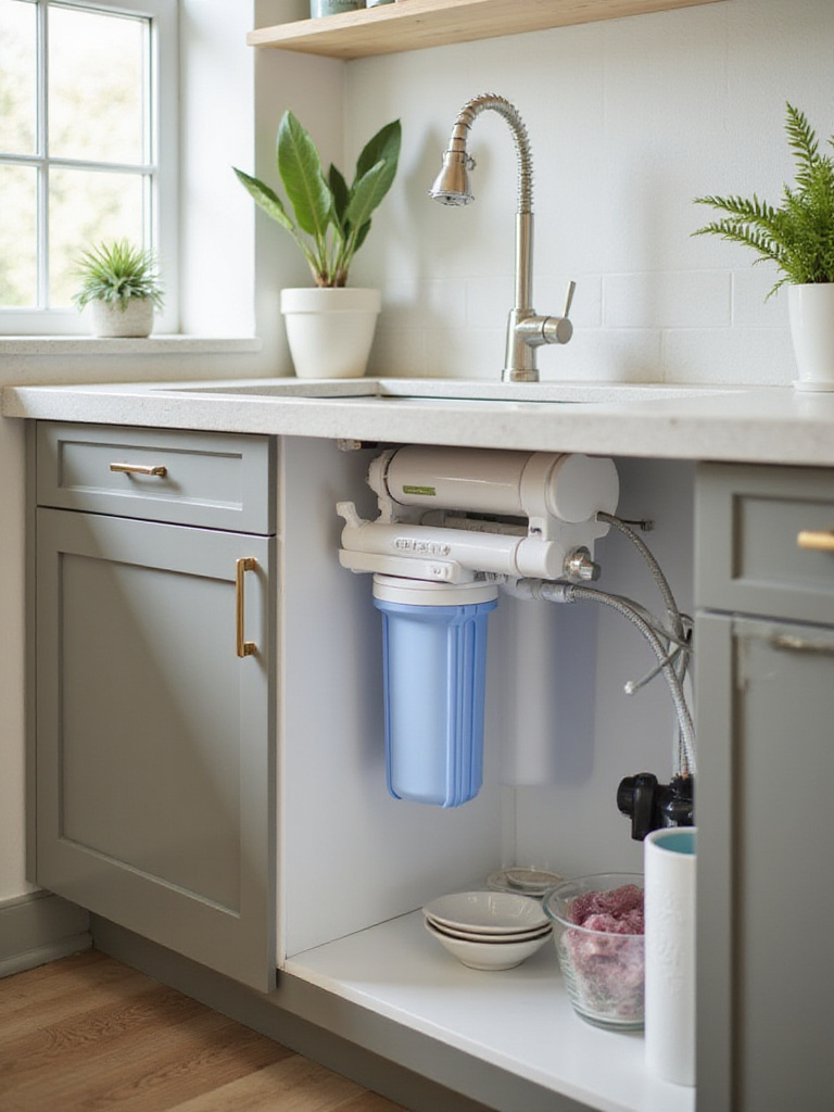 Modern kitchen with under-sink water filtration system for pure tap water