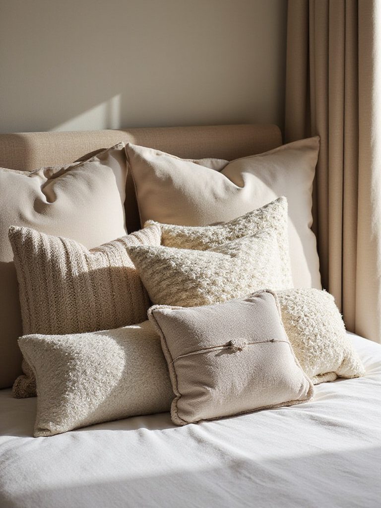 Cozy bedroom with varied throw pillows on a neatly made bed.