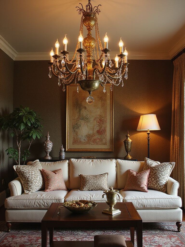 Traditional living room with antique brass chandelier and accents