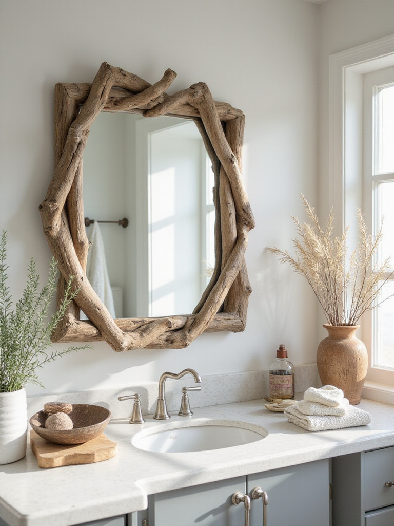 Coastal bathroom decor featuring driftwood elements