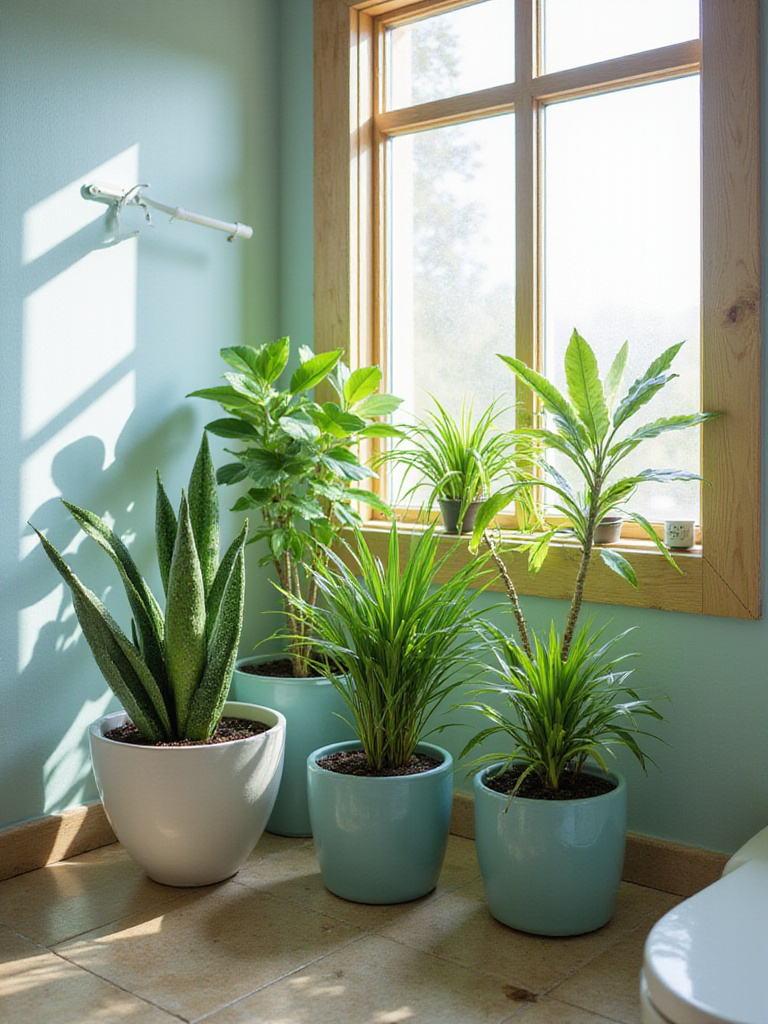 Coastal bathroom with humidity-tolerant plants like Pothos and Snake Plants in decorative pots