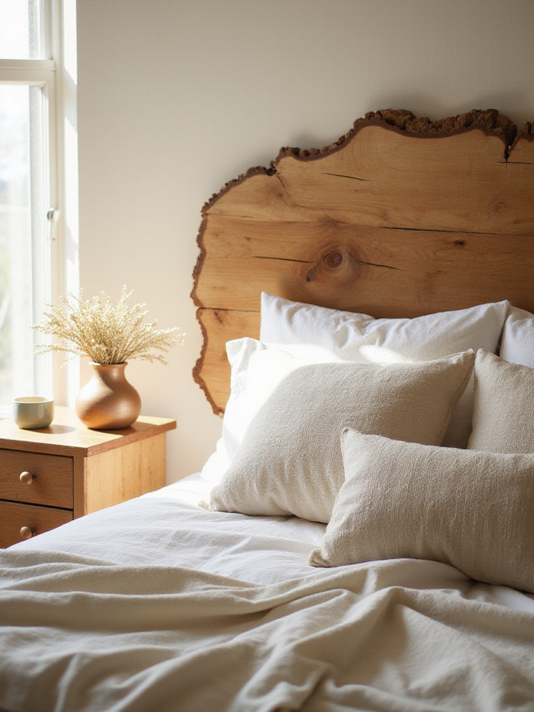 Bedroom with unfinished natural wood accents, featuring a live-edge headboard and organic textiles.