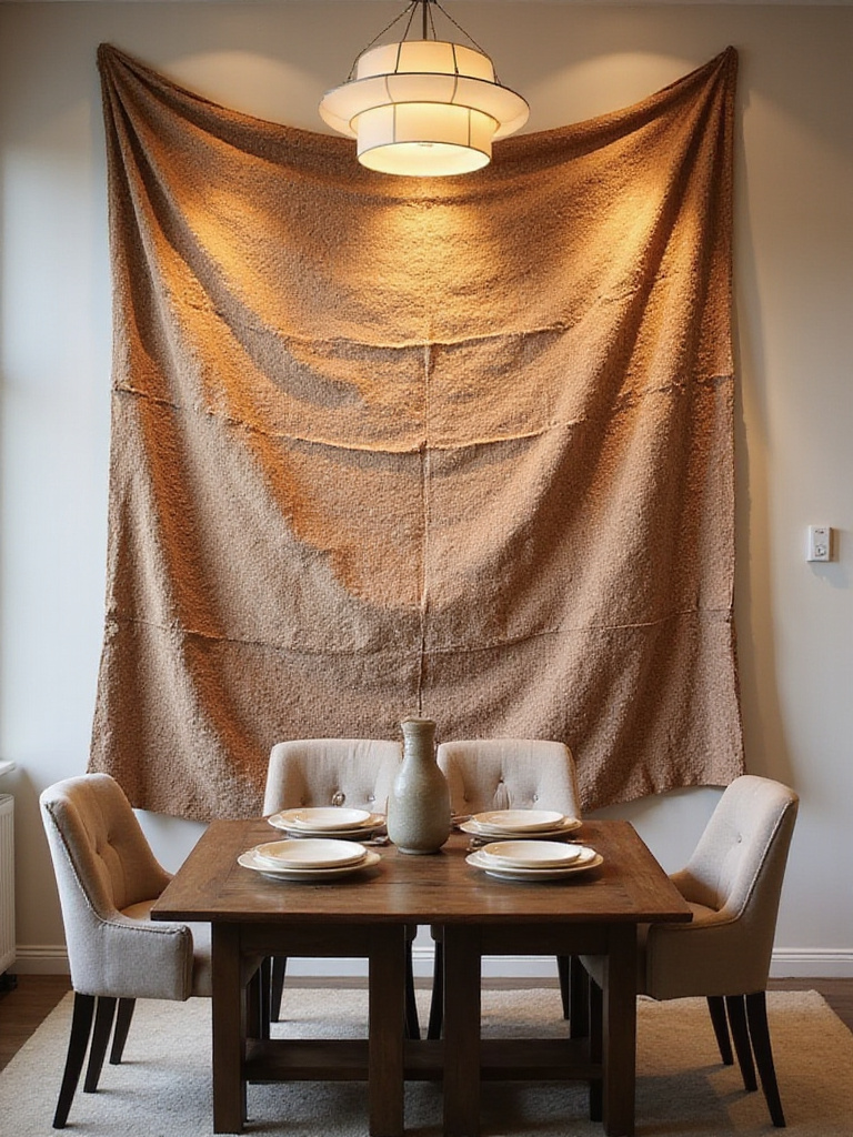 A cozy dining room featuring a large wall tapestry that adds softness and texture.