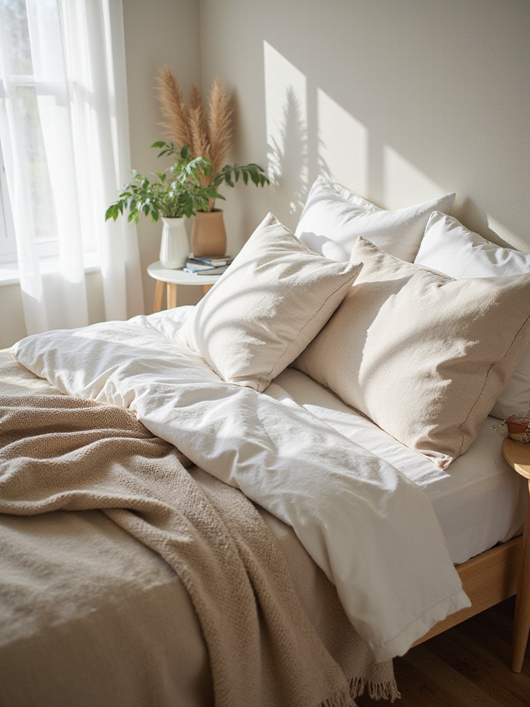 Serene bedroom with organic cotton and linen bedding in soft colors
