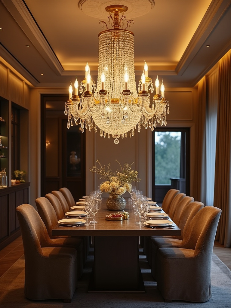 Luxurious dining room with elegant chandelier made of crystal and brass, showcasing high-end materials