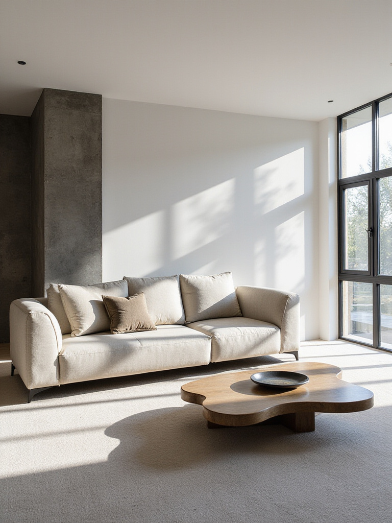 A contemporary living room featuring low-profile, sculptural furniture with sleek lines.