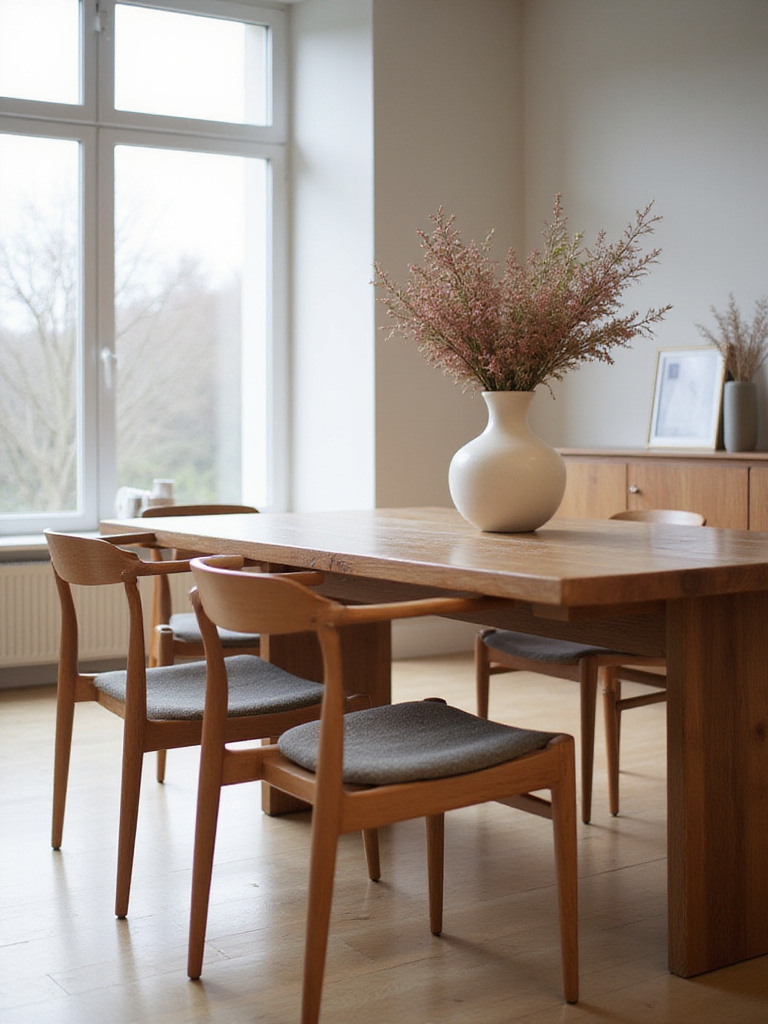 Modern dining room featuring a timeless wooden dining table with clean lines.
