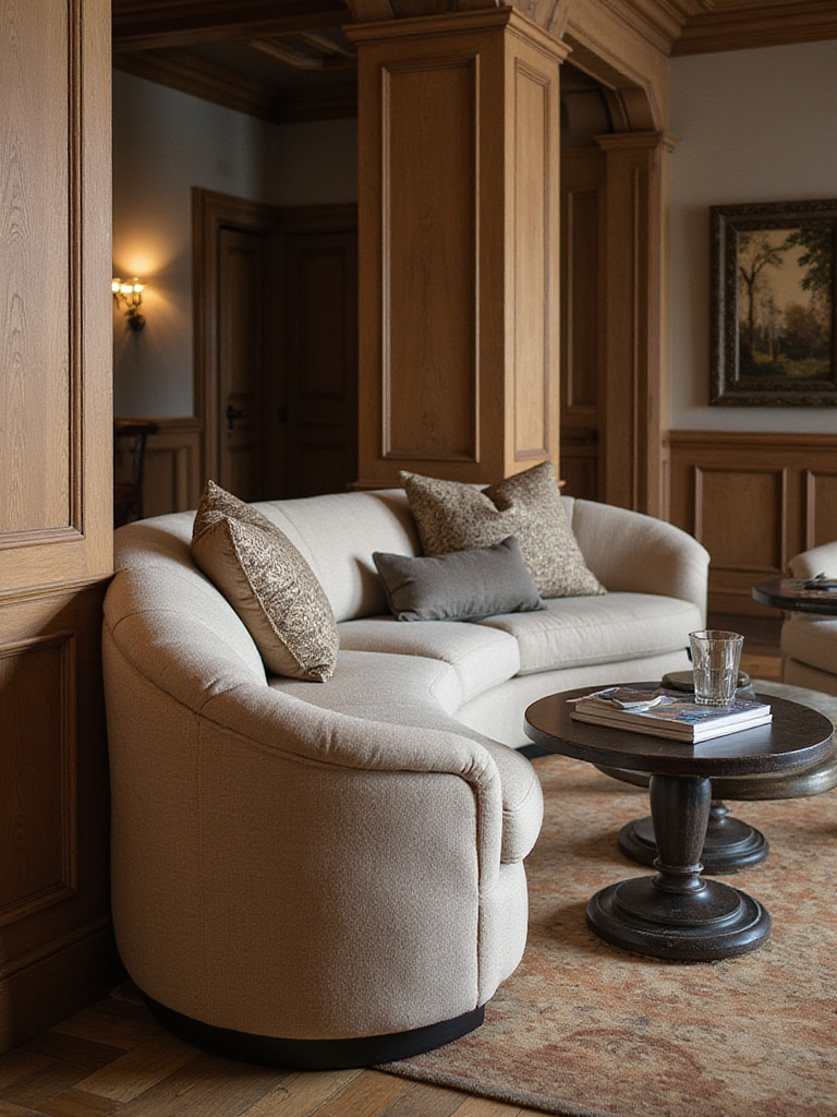 Luxurious living room featuring a custom-made sectional sofa designed around an architectural column.
