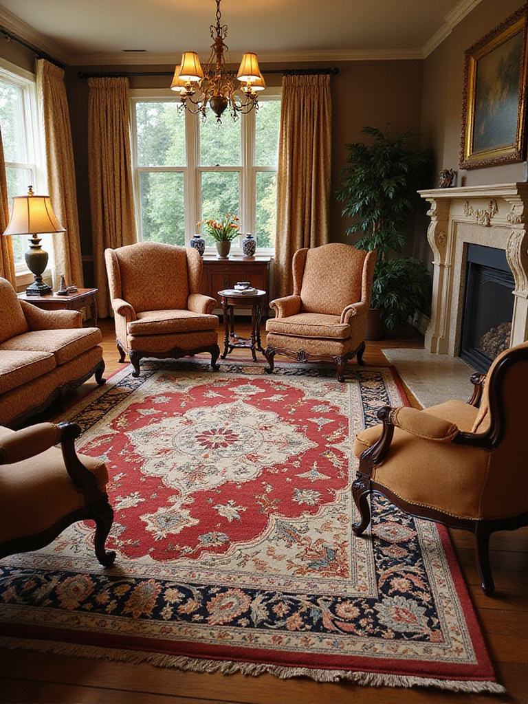 Professional photo of a traditional living room showcasing a Persian rug that defines seating zones.