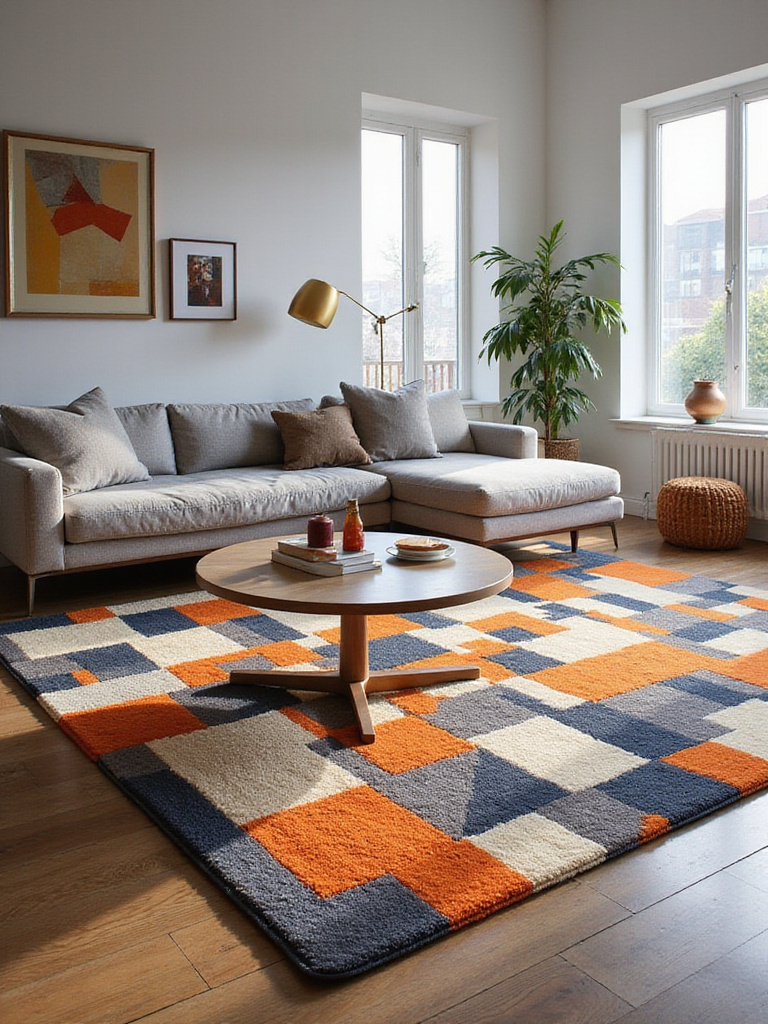 Contemporary living room featuring a bold geometric area rug as a focal point.