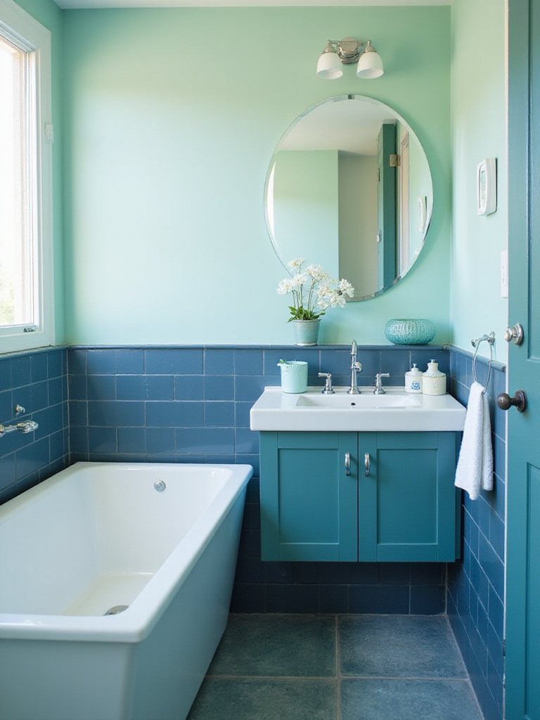 Coastal bathroom showcasing layered shades of blue and green