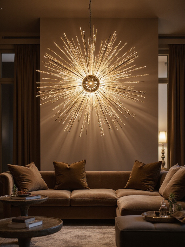 Luxurious living room with sculptural lighting fixture as centerpiece