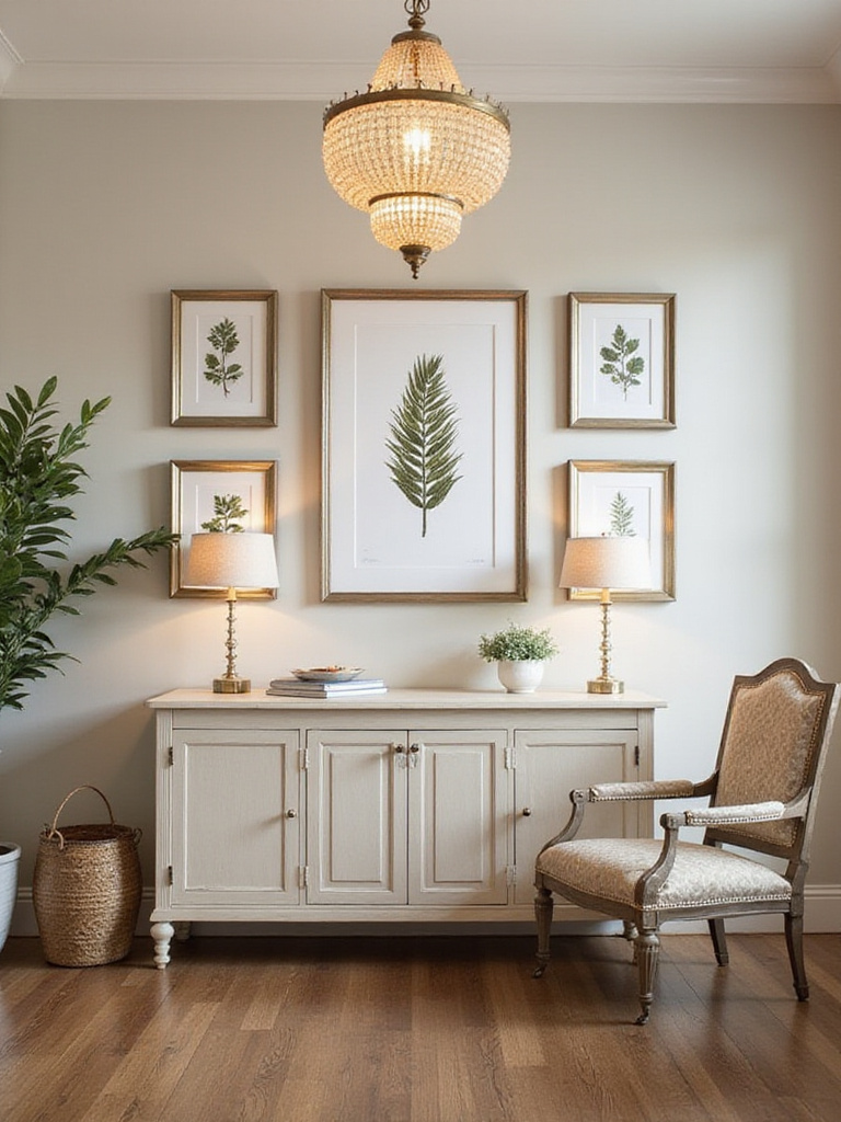 Elegant dining room wall decor arrangement featuring botanical prints and a buffet.