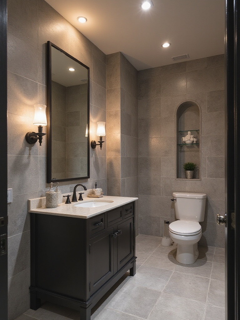 Modern gray bathroom with layered lighting fixtures
