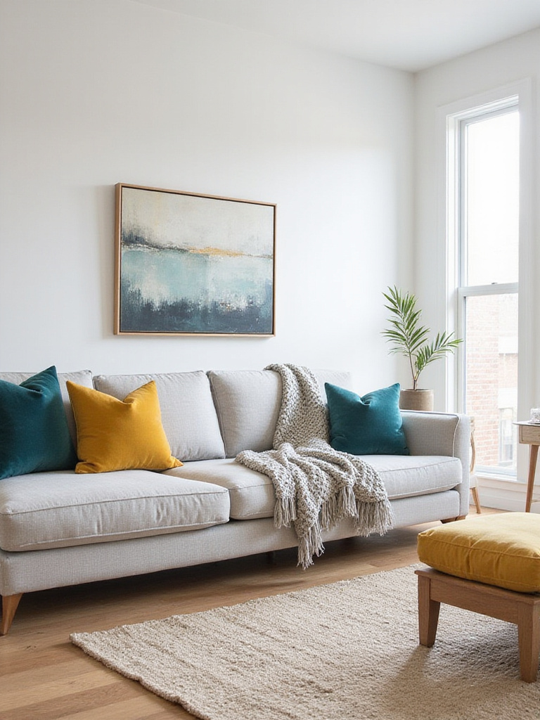 Contemporary living room with neutral base and color pops