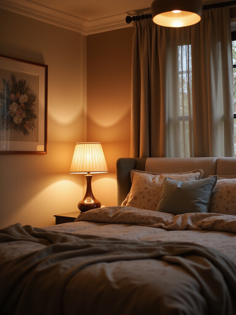 Cozy bedroom with layered lighting techniques creating a soft glow.