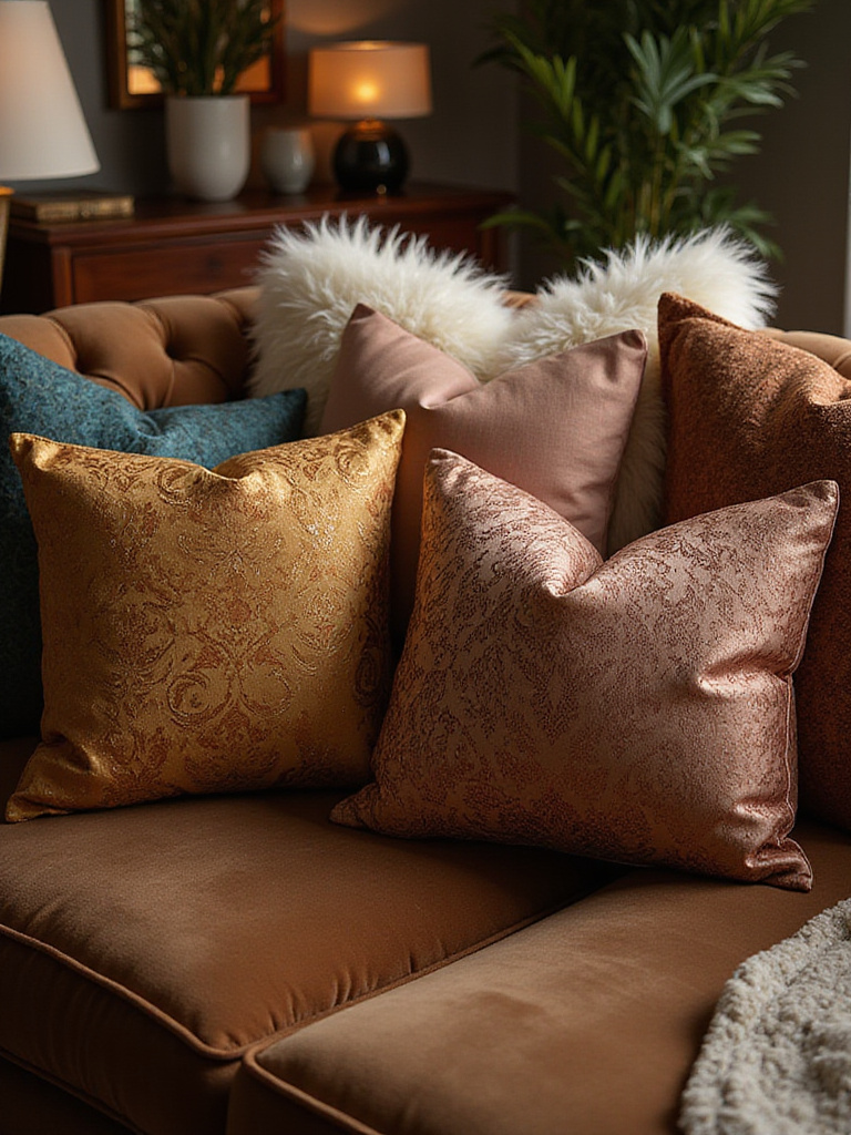 Luxurious layered textured throw pillows on a velvet sofa in a traditional living room.