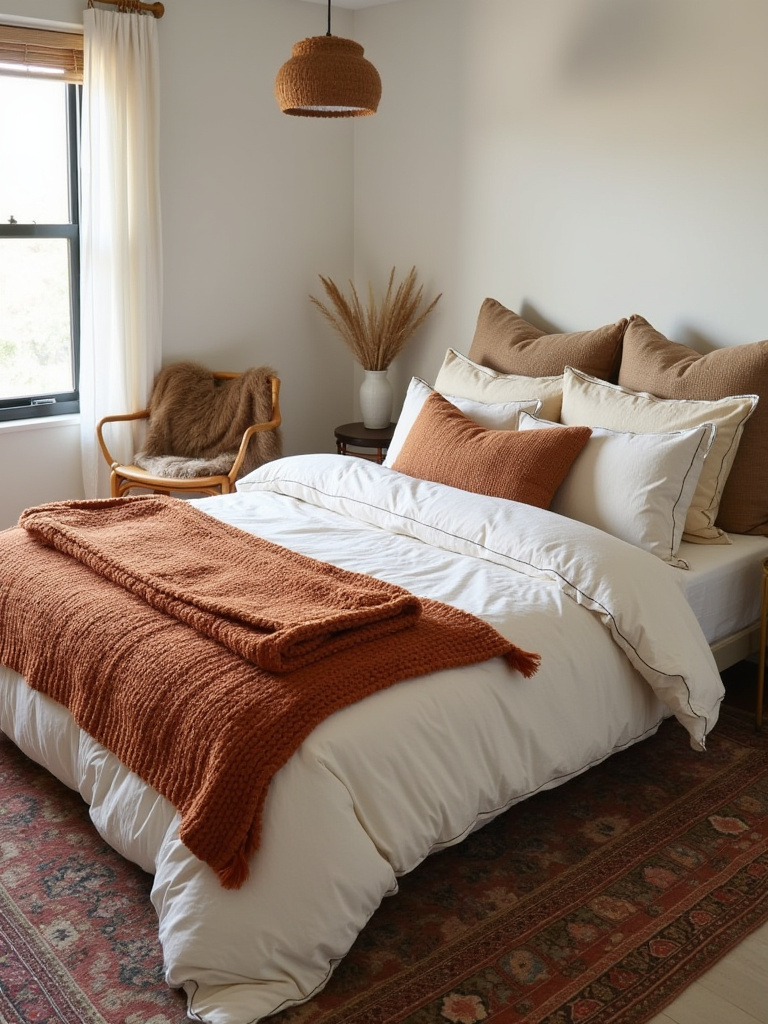 Bohemian bedroom with layered textiles including a linen duvet, chunky knit throw, and decorative pillows.