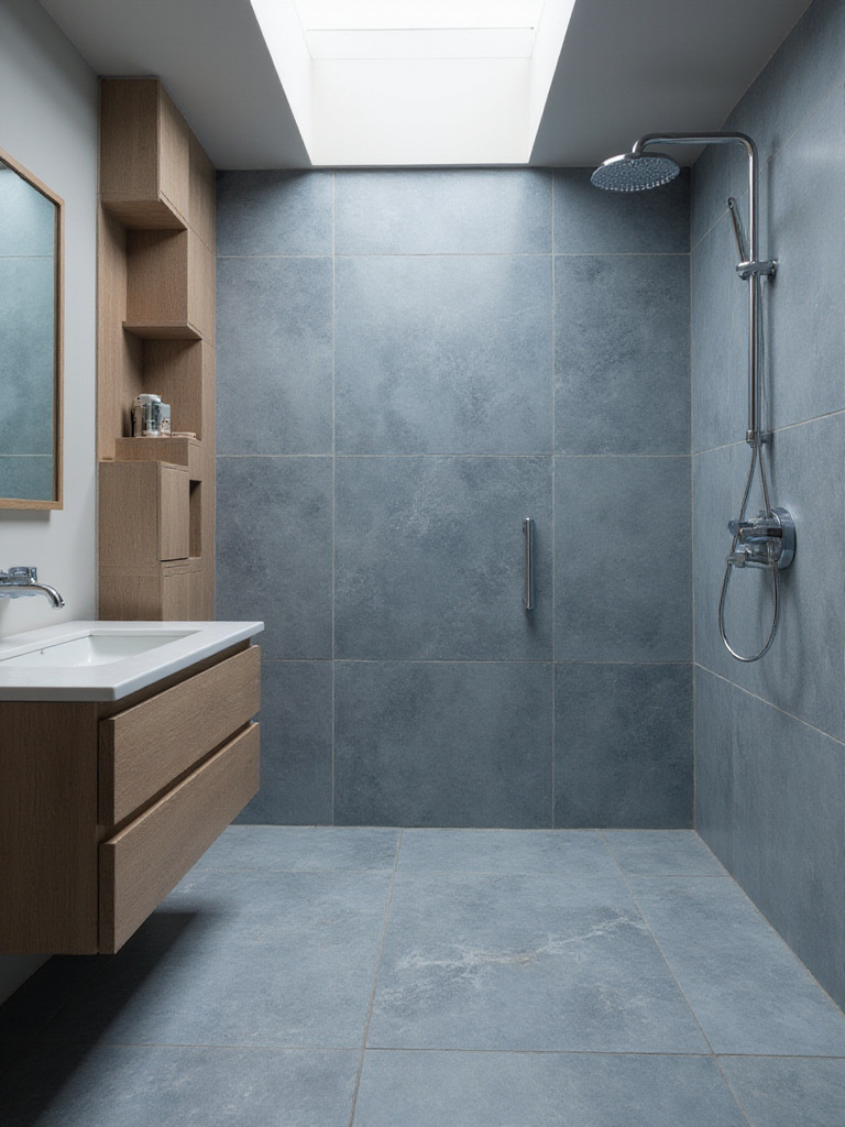 Modern bathroom design featuring a blend of warm and cool grays with porcelain tiles and a greige-brown vanity.