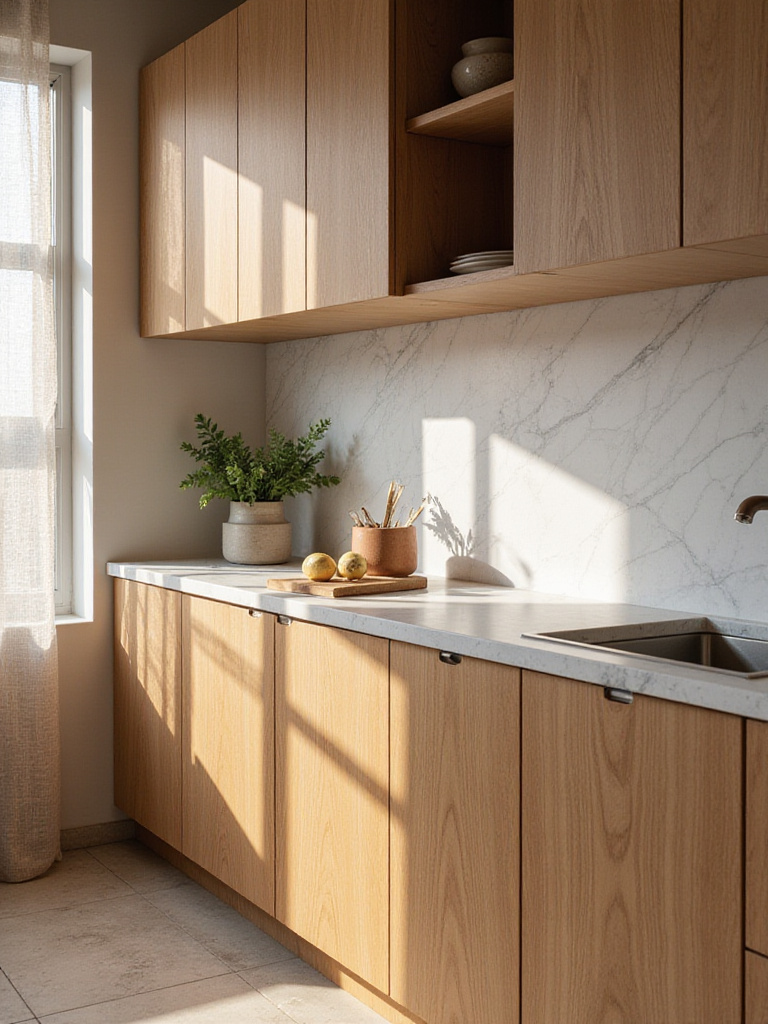 A contemporary kitchen with wood grain cabinetry, marble countertops, and linen curtains showcasing subtle textures.