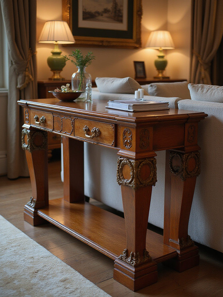 Elegant console table in a luxury living room setting, showcasing versatility and style