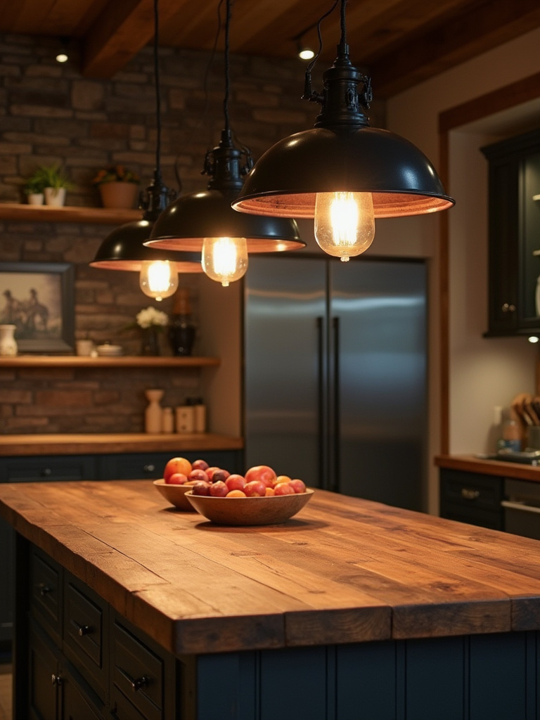 Rustic kitchen island with barn-style pendant lighting