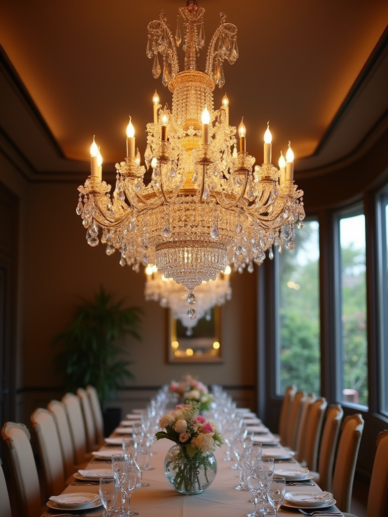 Luxurious dining room with an intricate crystal chandelier, beautifully lit.