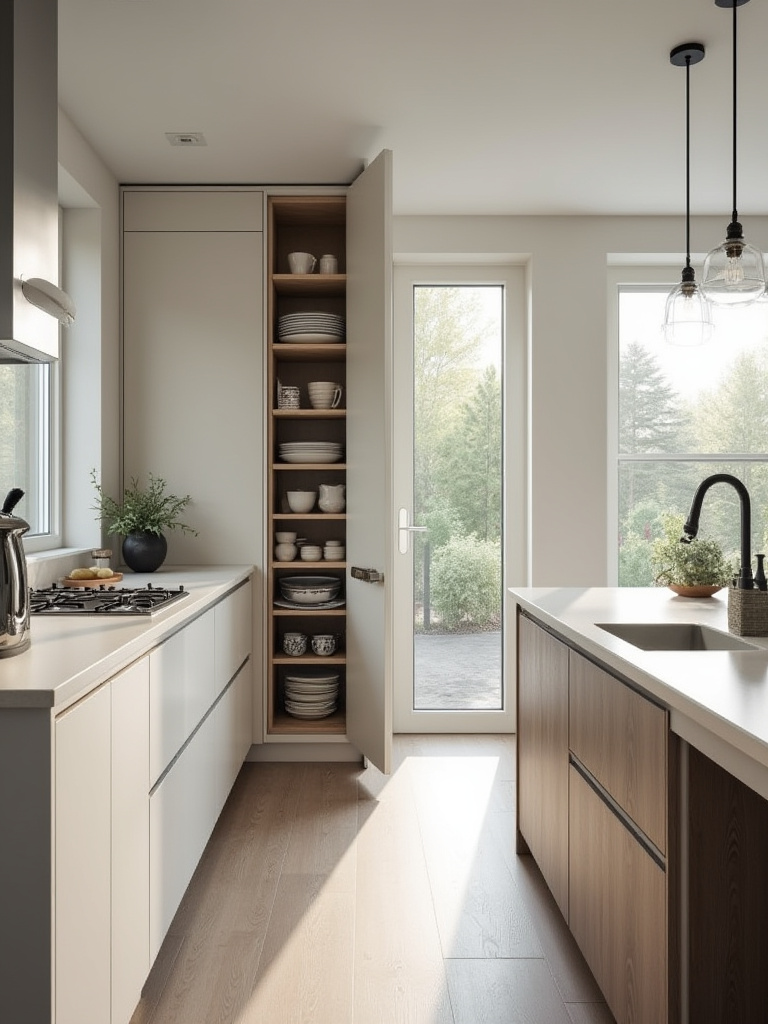 Contemporary kitchen with integrated and hidden storage solutions, featuring sleek cabinetry and a clean countertop.