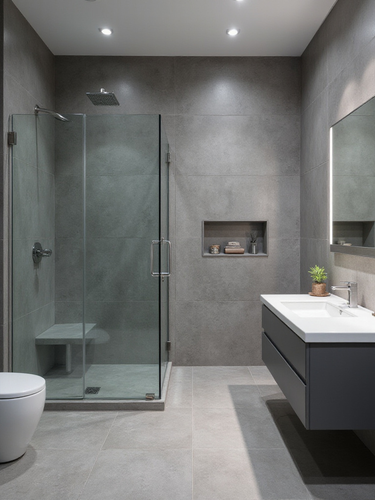 Elegant gray bathroom with modern fixtures and clean surfaces