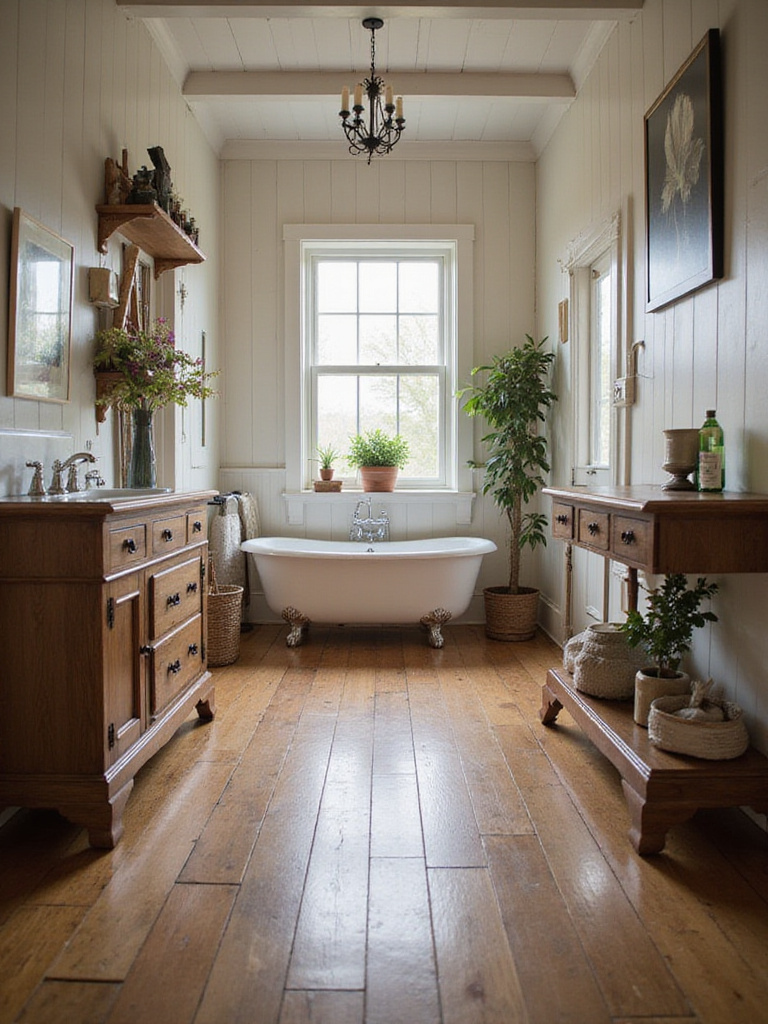 Farmhouse bathroom with a well-maintained wooden floor, highlighting rustic decor and natural lighting.