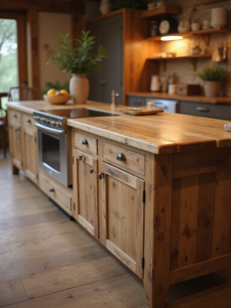 A rustic kitchen island with natural wood finish, softly lit, showcasing its character and charm.